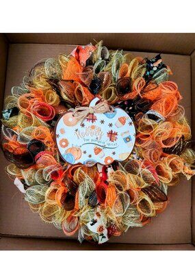 Handmade Seasonal Deco Mesh/Ribbon Wreath Fall Autumn Hooray Pumpkin Spice